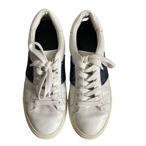 Tory Burch Carter Leather Blue Glitter Stripe Sneaker